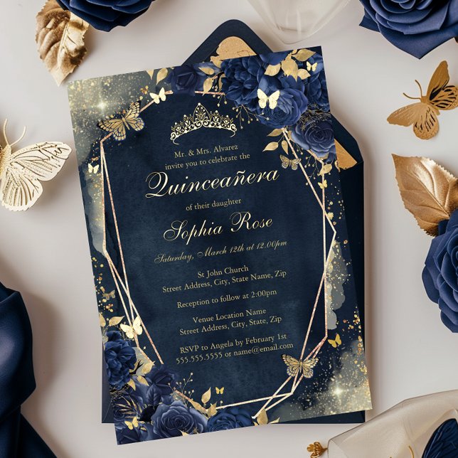 Invitación Con Relieve Metalizado Floral Sparkle Mariposa Marina Oro Quinceanera (Subido por el creador)