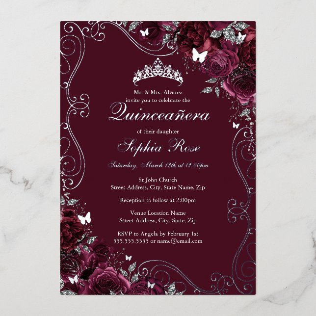 Invitación Con Relieve Metalizado Floral Swirl Butterfly Burgundy Quinceanera (Anverso)