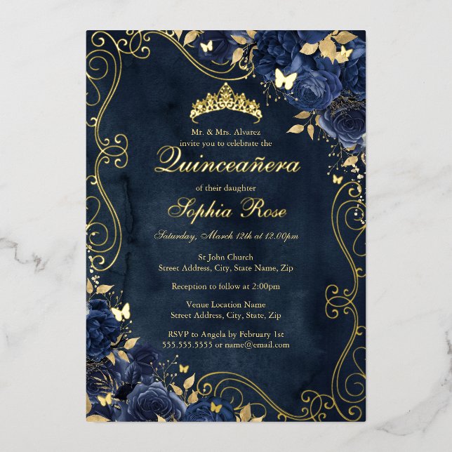 Invitación Con Relieve Metalizado Floral Swirl Gold Mariposa Quinceanera (Anverso)