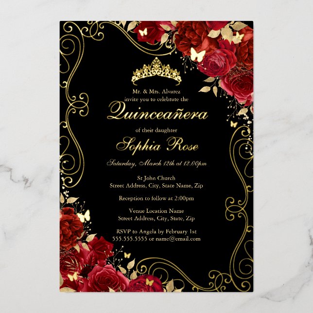 Invitación Con Relieve Metalizado Floral Swirl Red Gold Black Butterfly Quinceanera (Anverso)