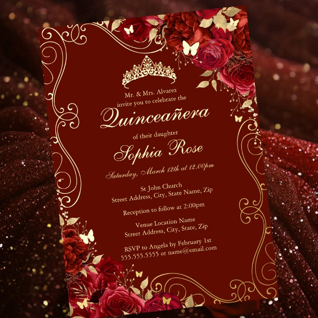 Invitación Con Relieve Metalizado Floral Swirl Red Gold Butterfly Quinceanera (Subido por el creador)