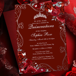Invitación Con Relieve Metalizado Floral Swirl Red Silver Mariposa Quinceanera