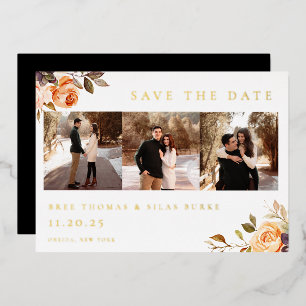 Invitación Con Relieve Metalizado Floral Terroso de Otoño Foto Guardar la Fecha