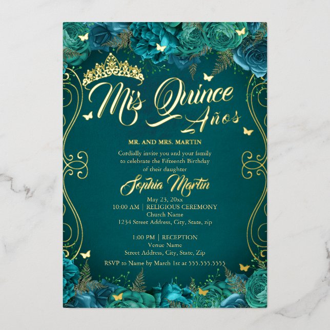 Invitación Con Relieve Metalizado Floral Verde azulada Pergamino De Oro Mis Quince Q (Anverso)