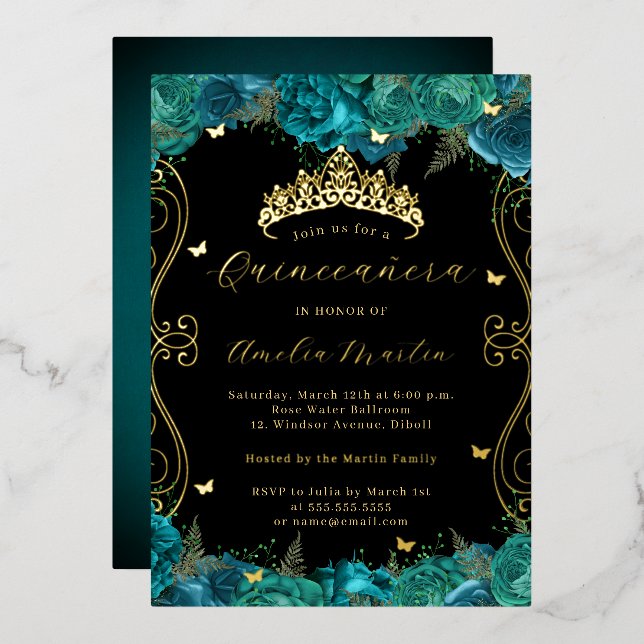 Invitación Con Relieve Metalizado Floral Verde azulado Black Gold Scroll Quinceanera (Anverso/Reverso)