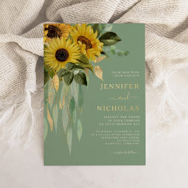 Invitación Con Relieve Metalizado Floral verde girasol Boda oro
