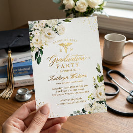 Invitación Con Relieve Metalizado Floral Verde Oro Graduación de Enfermería