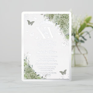 Invitación Con Relieve Metalizado Floral verde sabio Quinceañera Butterflies Plata