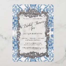 Invitación Con Relieve Metalizado Floral Vintage Elegante Blue Silver Bridal Shower