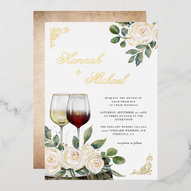 Invitación Con Relieve Metalizado Floral Watercolor Vineyard Boda Gold (Anverso/Reverso)