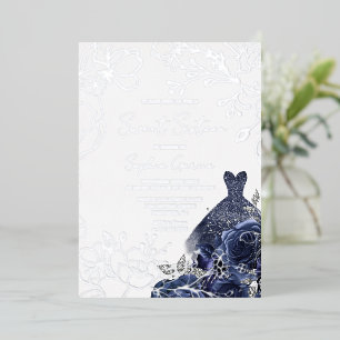 Invitación Con Relieve Metalizado Floral y vestido Navy Dulces 16 Hoja de plata