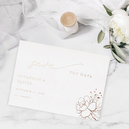 Invitación Con Relieve Metalizado Florales Blancos con Dorado y Salva la Fecha