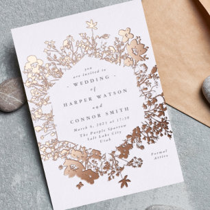 Invitación Con Relieve Metalizado Florales Elegantes de Flor Silvestre Seca Rosa Rea