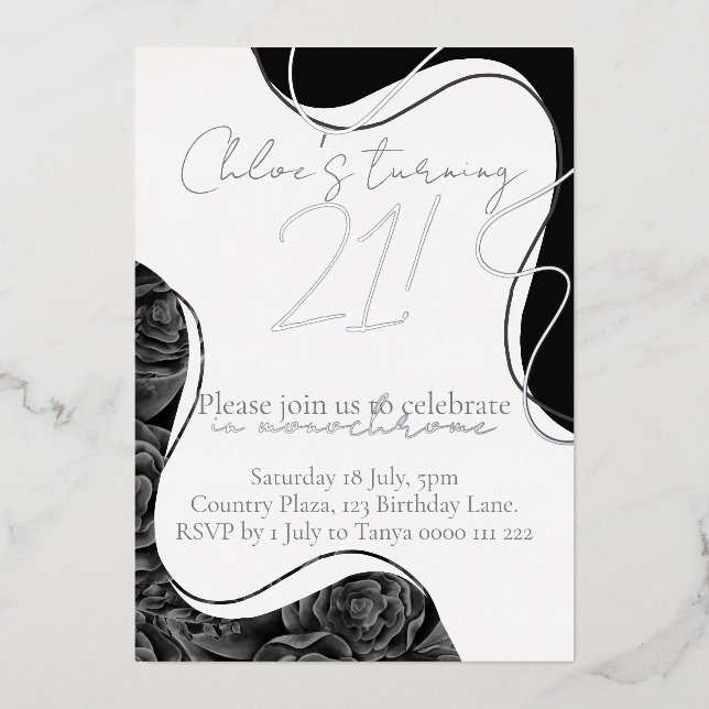 Invitación Con Relieve Metalizado Florales monocromáticos y cumpleaños de papel de p (Anverso)