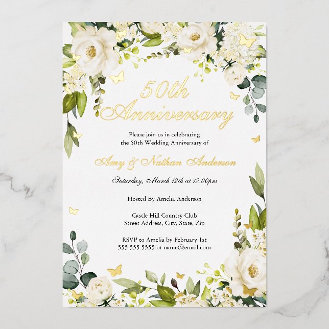 Invitación Con Relieve Metalizado Florals de mariposa de oro 50° aniversario Boda (Anverso)