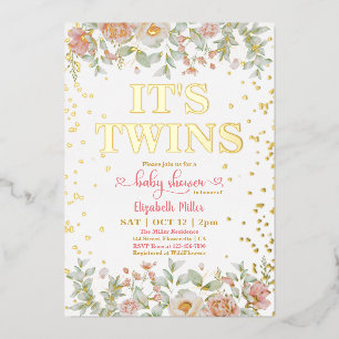 Invitación Con Relieve Metalizado Florecientes flores rosas gemelas Chicas Baby Show