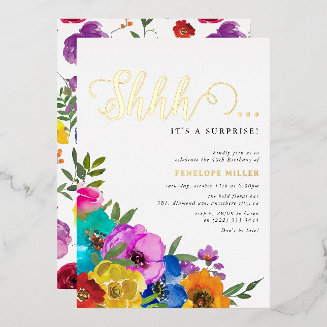 Invitación Con Relieve Metalizado Florencia brillante y audaz Shhh Sorpresa Cumpleañ (Anverso/Reverso)
