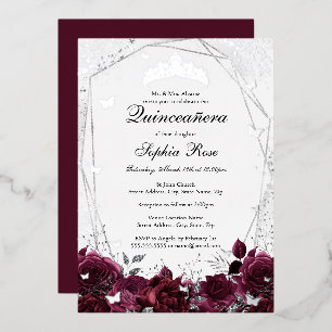 Invitación Con Relieve Metalizado Florería Burgundy Tiara de Plata Quinceañera 