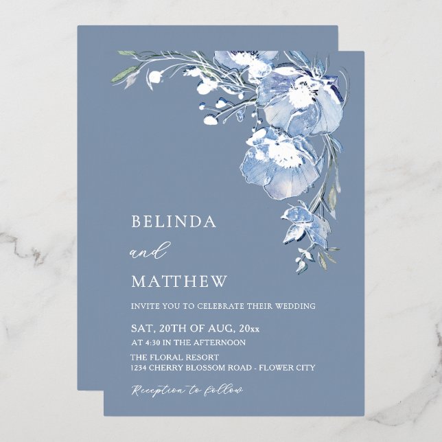Invitación Con Relieve Metalizado Flores Acuarela Azules Boda Casual (Anverso/Reverso)