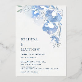 Invitación Con Relieve Metalizado Flores Acuarela Azules Plata Blanca