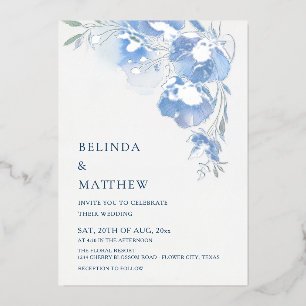 Invitación Con Relieve Metalizado Flores Acuarela Azules Plata Blanca