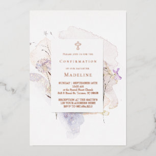 Invitación Con Relieve Metalizado flores acuarela Confirmación
