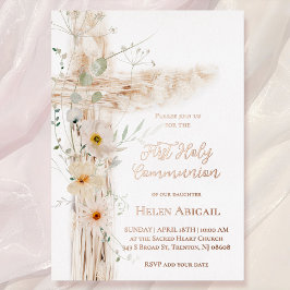 Invitación Con Relieve Metalizado flores acuarela cruz Primera Comunión