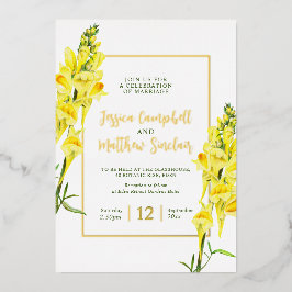 Invitación Con Relieve Metalizado Flores amarillas de Snapdragon y boda de verano do