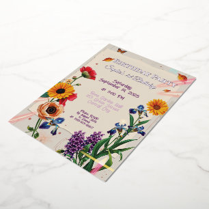 Invitación Con Relieve Metalizado Flores Arcoíris - Collage Moderno