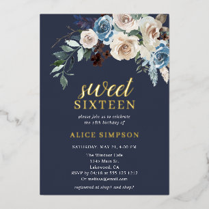 Invitación Con Relieve Metalizado Flores Azules Boho Hojas Secas Dulces 16