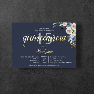 Invitación Con Relieve Metalizado Flores Azules Boho Hojas Secas Quinceanera