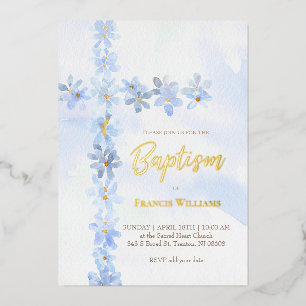 Invitación Con Relieve Metalizado flores azules de acuarela cruz Bautismo