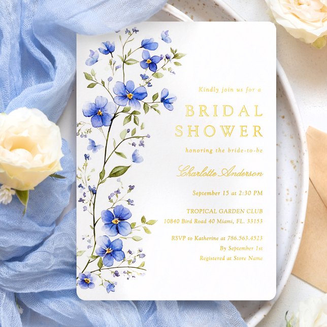 Invitación Con Relieve Metalizado Flores azules ducha de novia dorada (Subido por el creador)