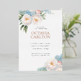 Invitación Con Relieve Metalizado Flores azules y rosas suaves ducha de novia clásic