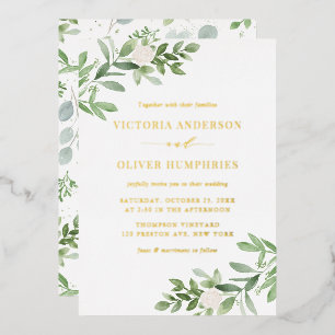 Invitación Con Relieve Metalizado Flores blancas acuarelas y Boda de la vegetación