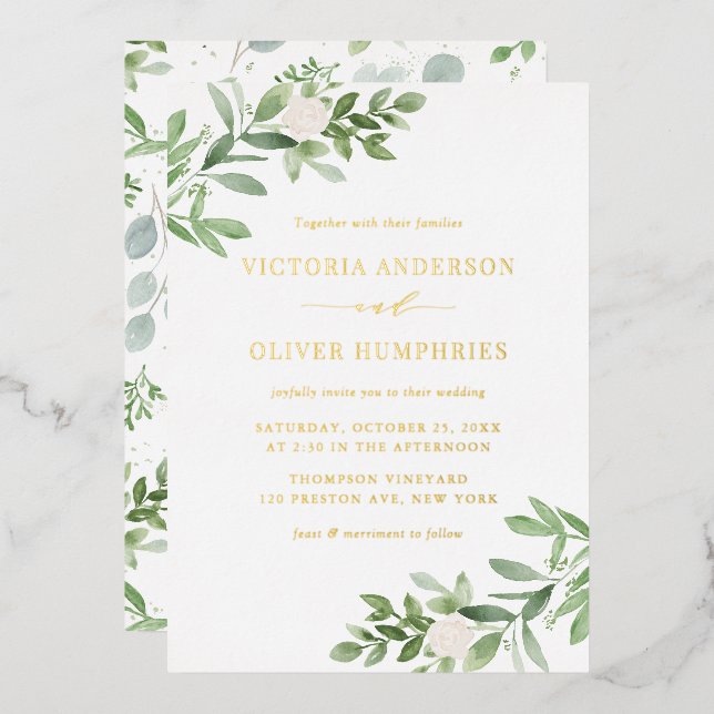 Invitación Con Relieve Metalizado Flores blancas acuarelas y Boda de la vegetación (Anverso/Reverso)