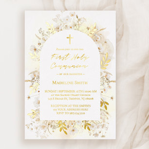 Invitación Con Relieve Metalizado flores blancas amarillas Primera Comunión