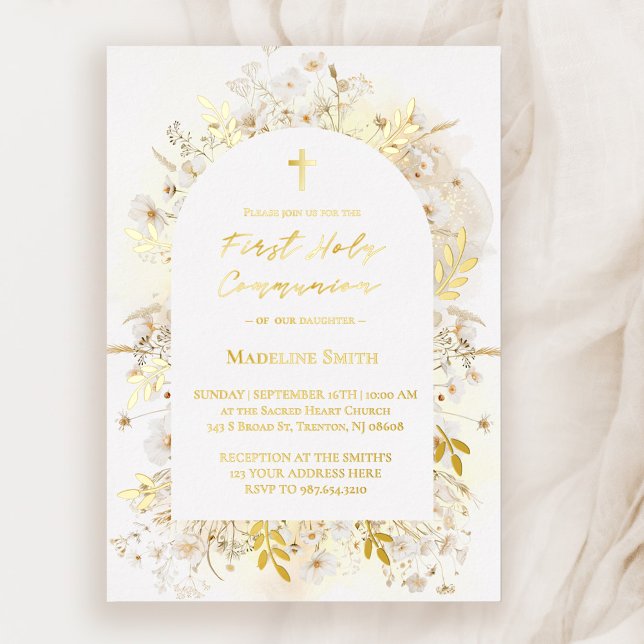 Invitación Con Relieve Metalizado flores blancas amarillas Primera comunión sagrada (Subido por el creador)
