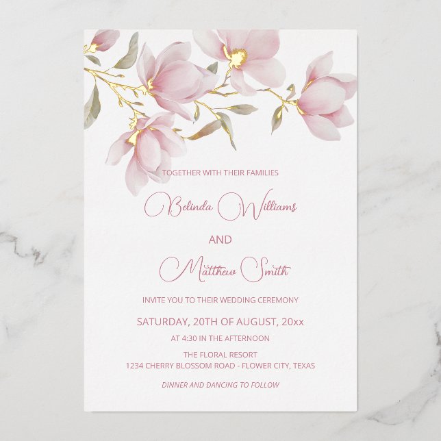 Invitación Con Relieve Metalizado Flores blancas de oro (Anverso)