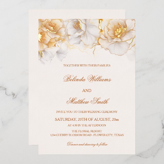 Invitación Con Relieve Metalizado Flores Blancas de Oro (Anverso/Reverso)