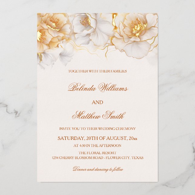 Invitación Con Relieve Metalizado Flores Blancas de Oro (Anverso)
