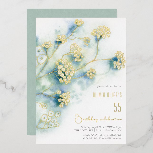 Invitación Con Relieve Metalizado Flores blancas pequeñas cumpleaños cualquier edad (Anverso/Reverso)