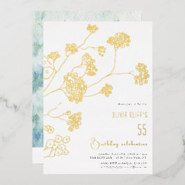 Invitación Con Relieve Metalizado Flores blancas pequeñas cumpleaños cualquier edad