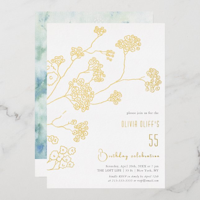 Invitación Con Relieve Metalizado Flores blancas pequeñas cumpleaños cualquier edad (Anverso/Reverso)