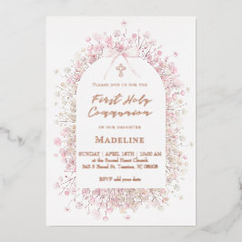 Invitación Con Relieve Metalizado flores blancas rosadas Primera Comunión