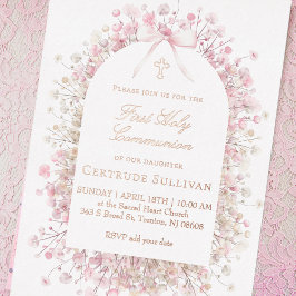 Invitación Con Relieve Metalizado flores blancas rosadas | Primera Comunión