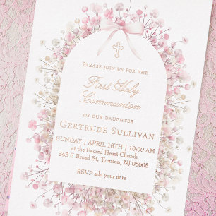 Invitación Con Relieve Metalizado flores blancas rosadas Primera Comunión
