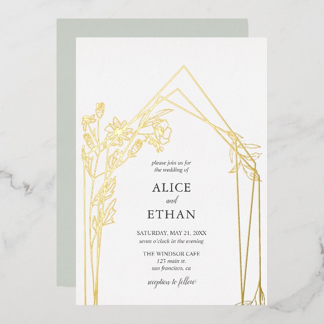 Invitación Con Relieve Metalizado Flores Bohemias Boda Geométrica (Anverso/Reverso)