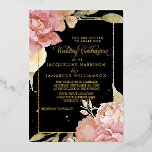 Invitación Con Relieve Metalizado Flores Boho Acuarela Negras y Rosa Boda Oro