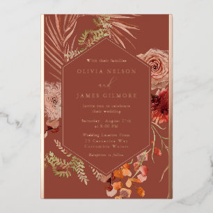 Invitación Con Relieve Metalizado Flores Boho Rosa Hoja de Oro Boda 